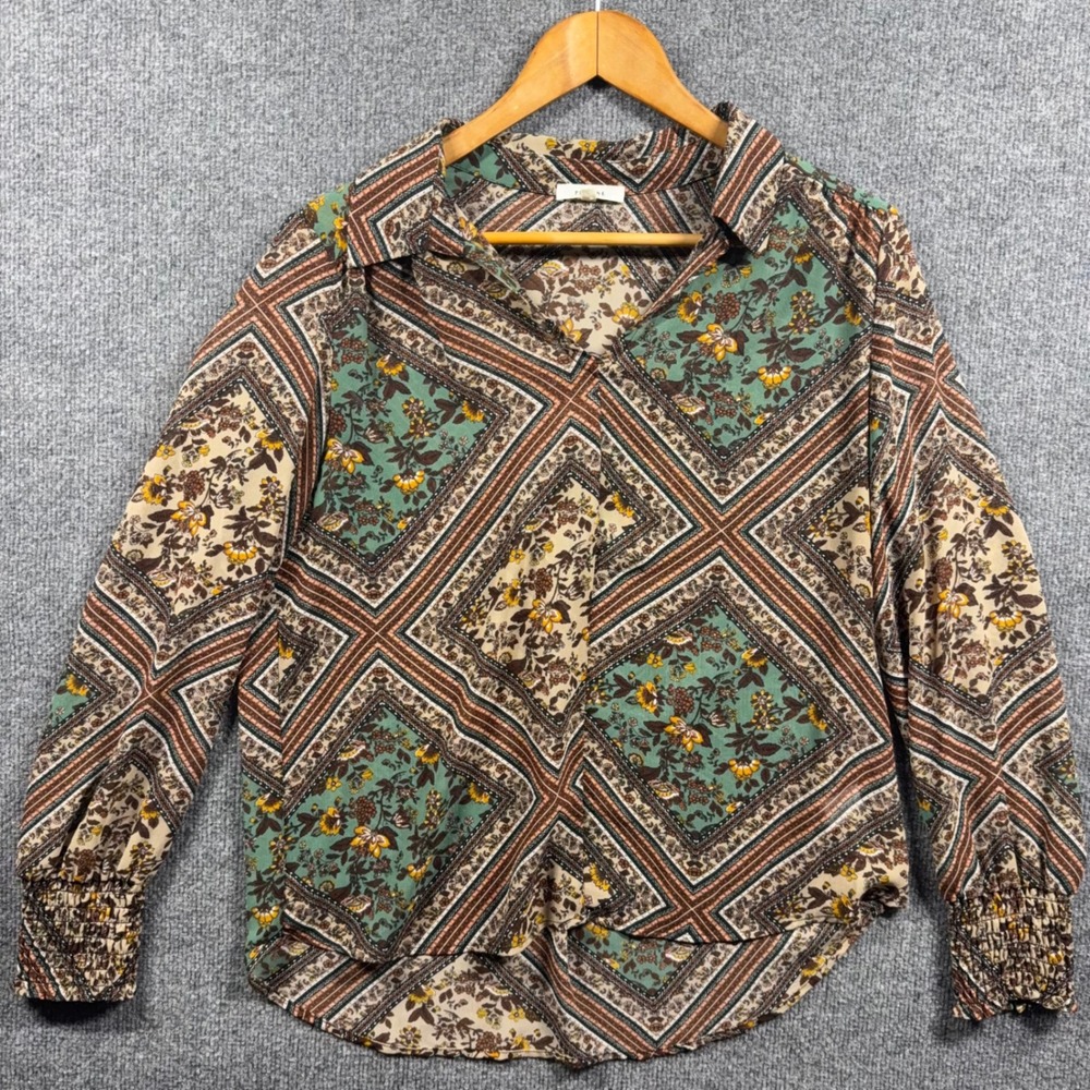Pleione Blouse Womens Small Floral Patchwork Smocked Cuff Top‎
